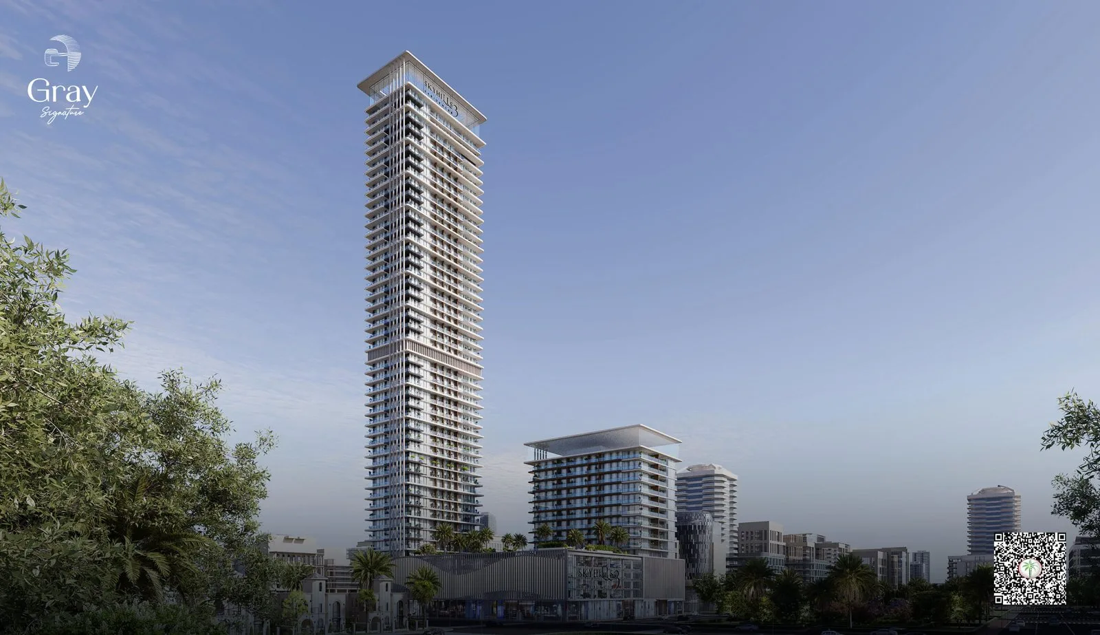 Full tower with podium from across the street