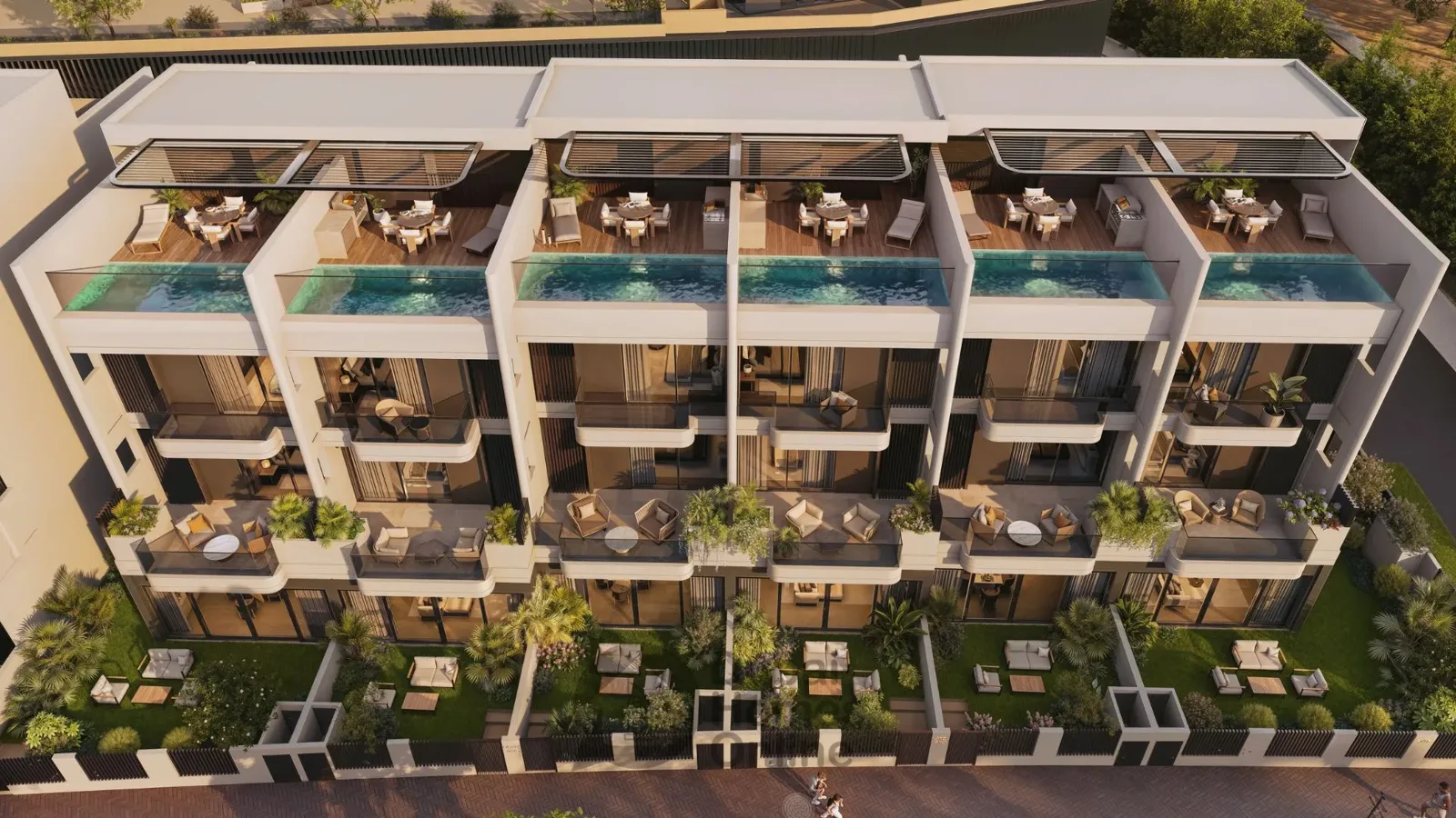 Aerial render of townhouse block with rooftop pools