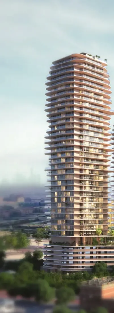 Tall curved-balcony tower with podium, close view
