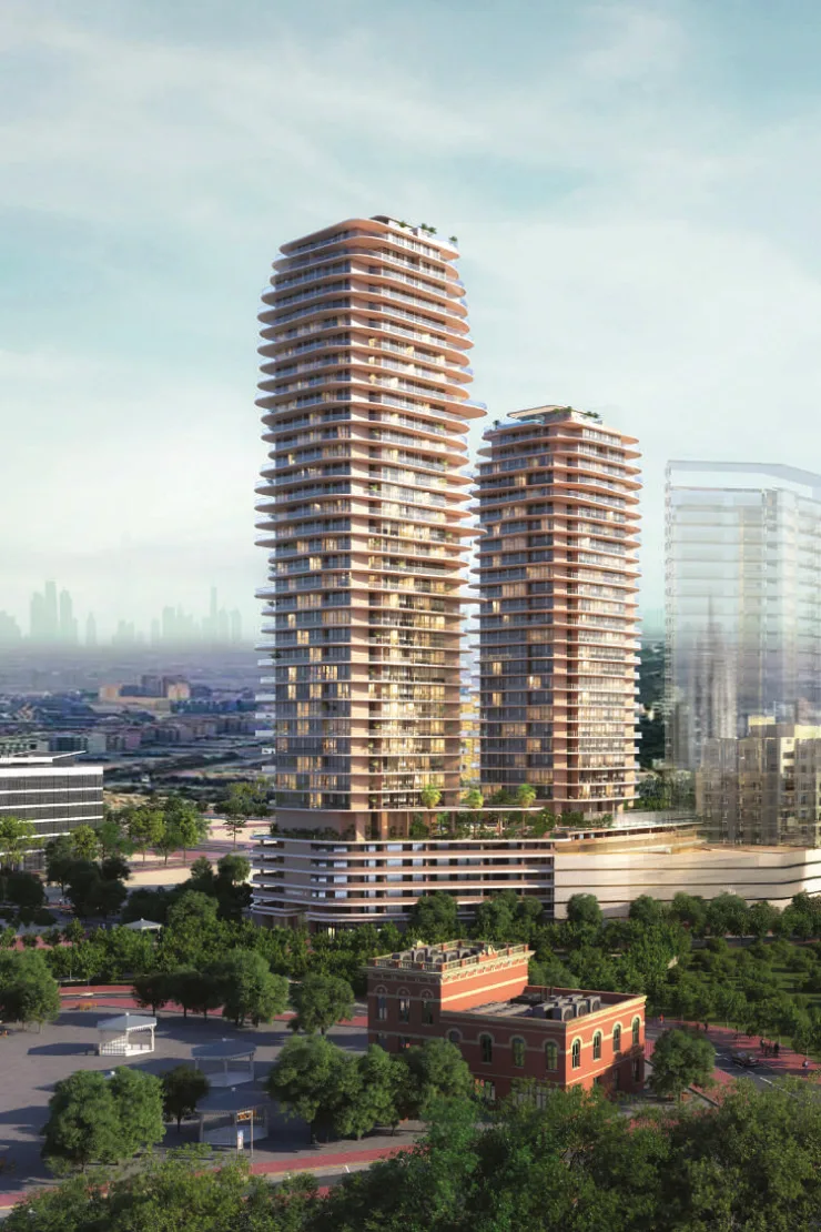 Both Stax towers rising above podium and park