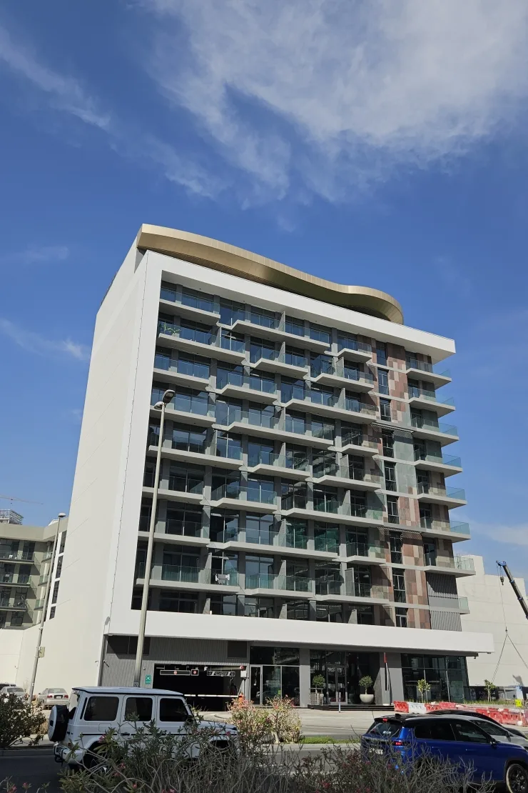 Side elevation of completed tower, white facade
