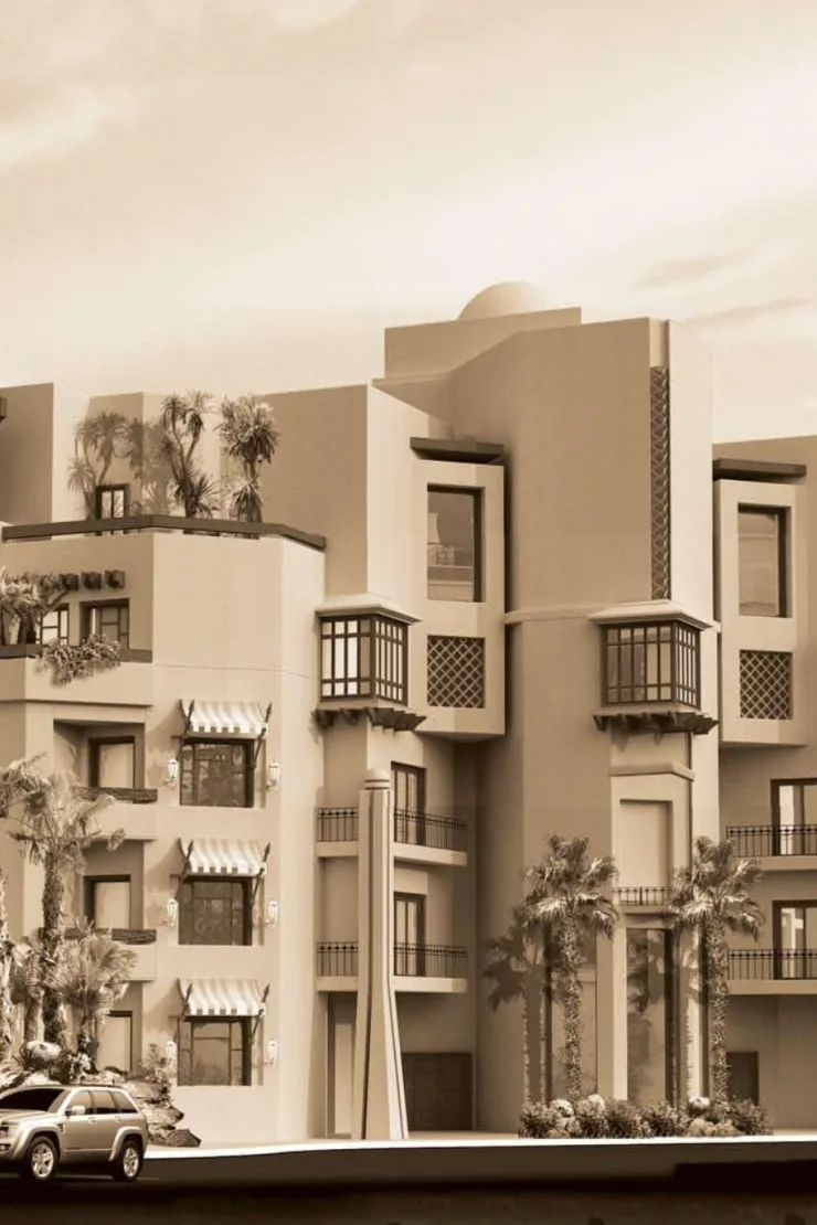Sepia render of same building with bay windows and dome