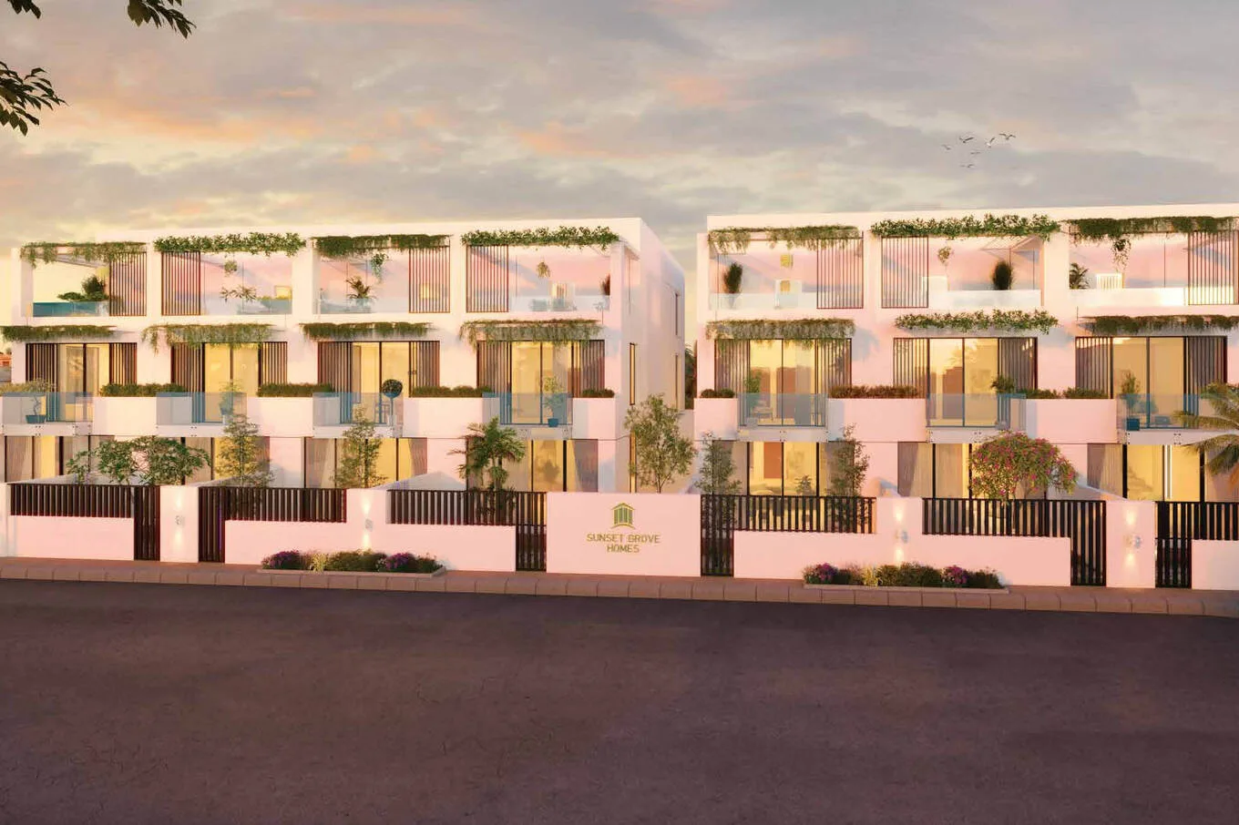 Street view of townhouse blocks with entrance sign
