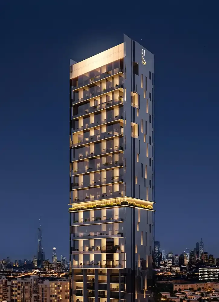 Night render of tower upper and mid sections