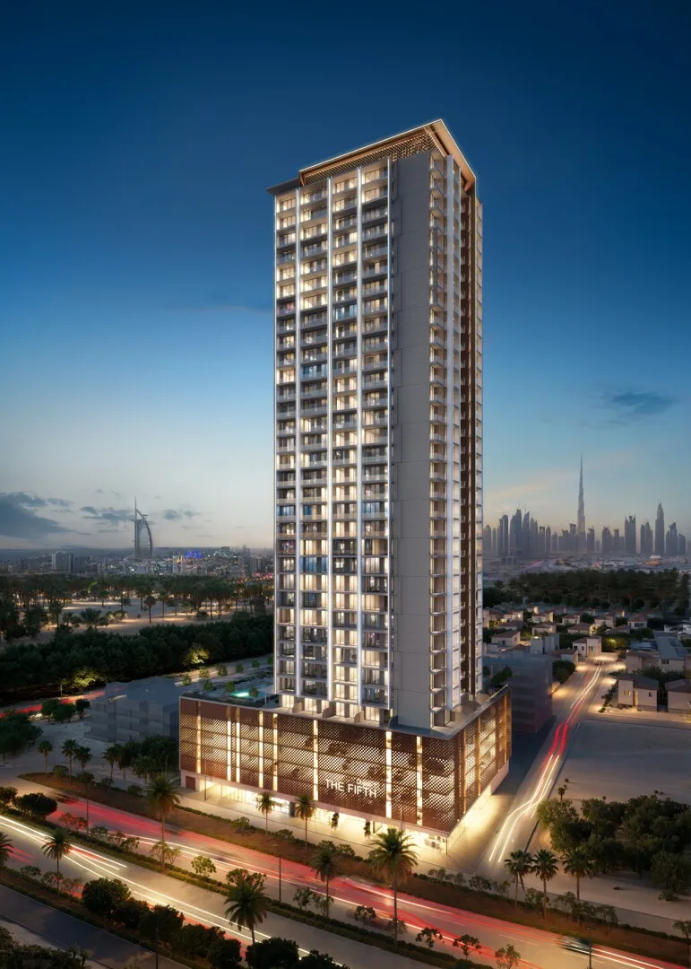 Full tower and perforated podium at dusk