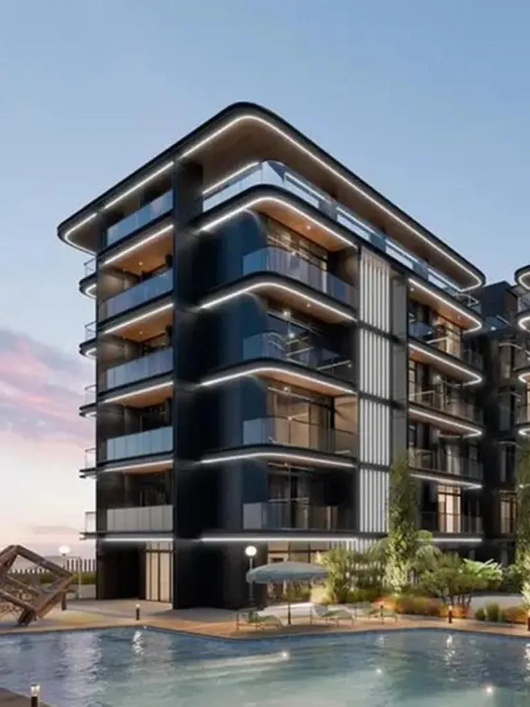 Developer render of The Hudson with pool, dusk