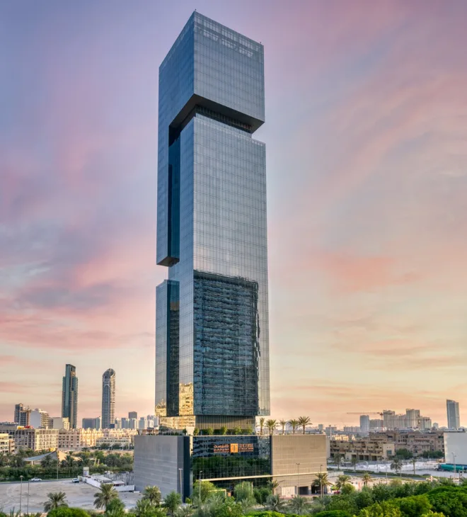 Full tower with podium at sunset