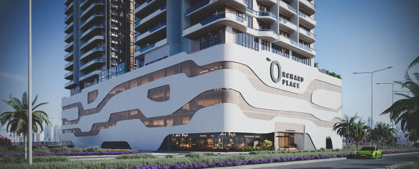 Podium with Orchard Place signage and lower tower