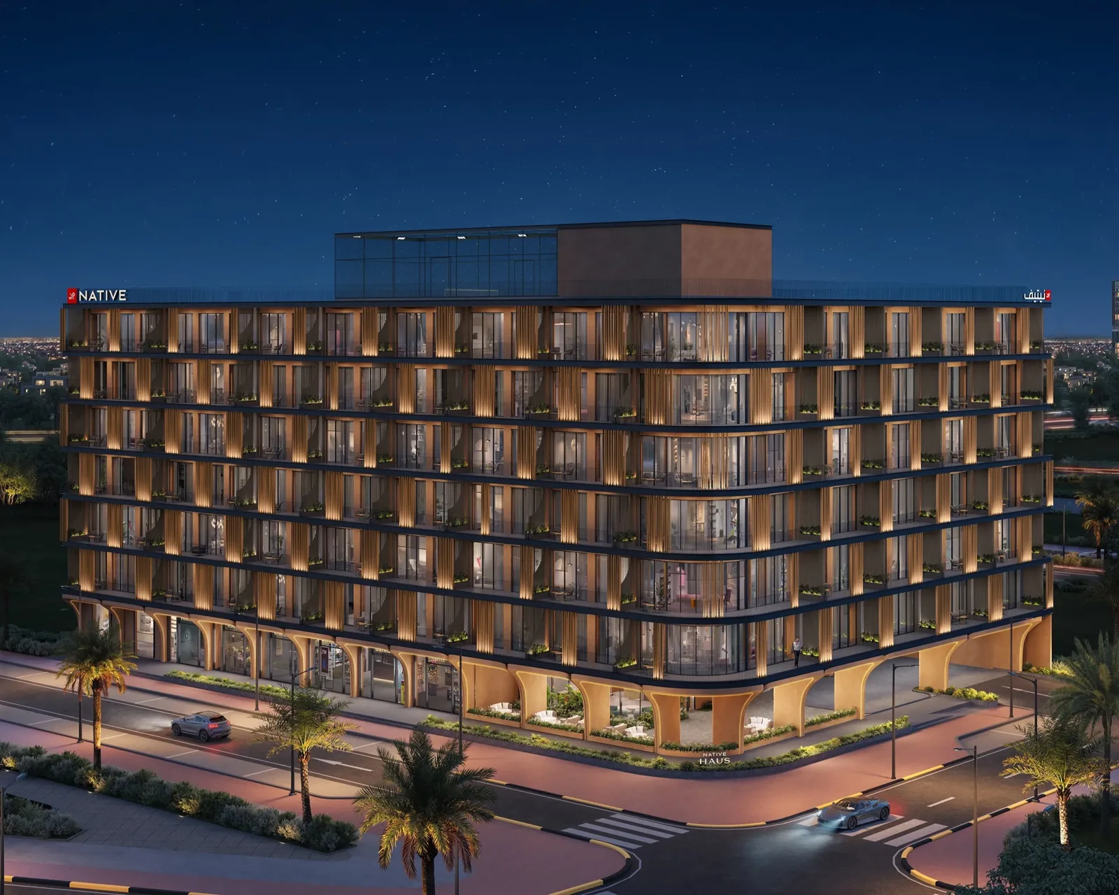 Dusk developer render of the full building from the street corner