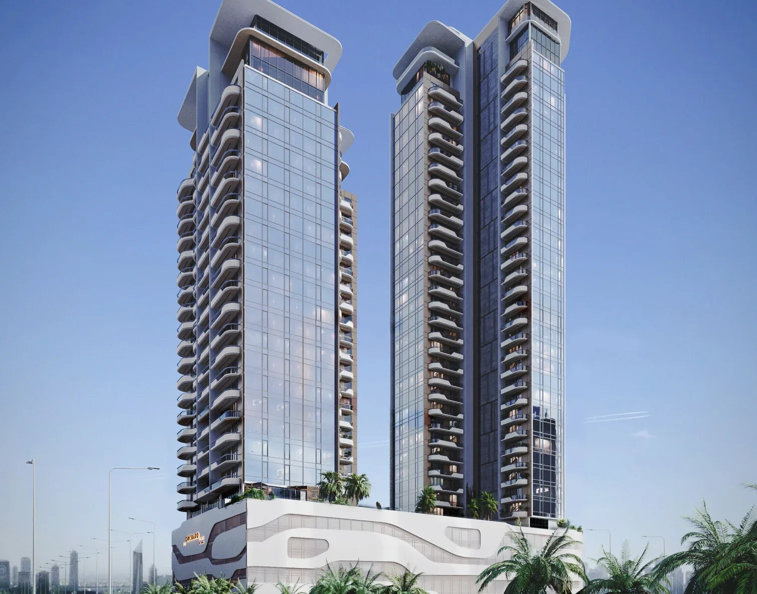 outside, full height, the towers of The Orchard Place project (not Tower B specifically)
