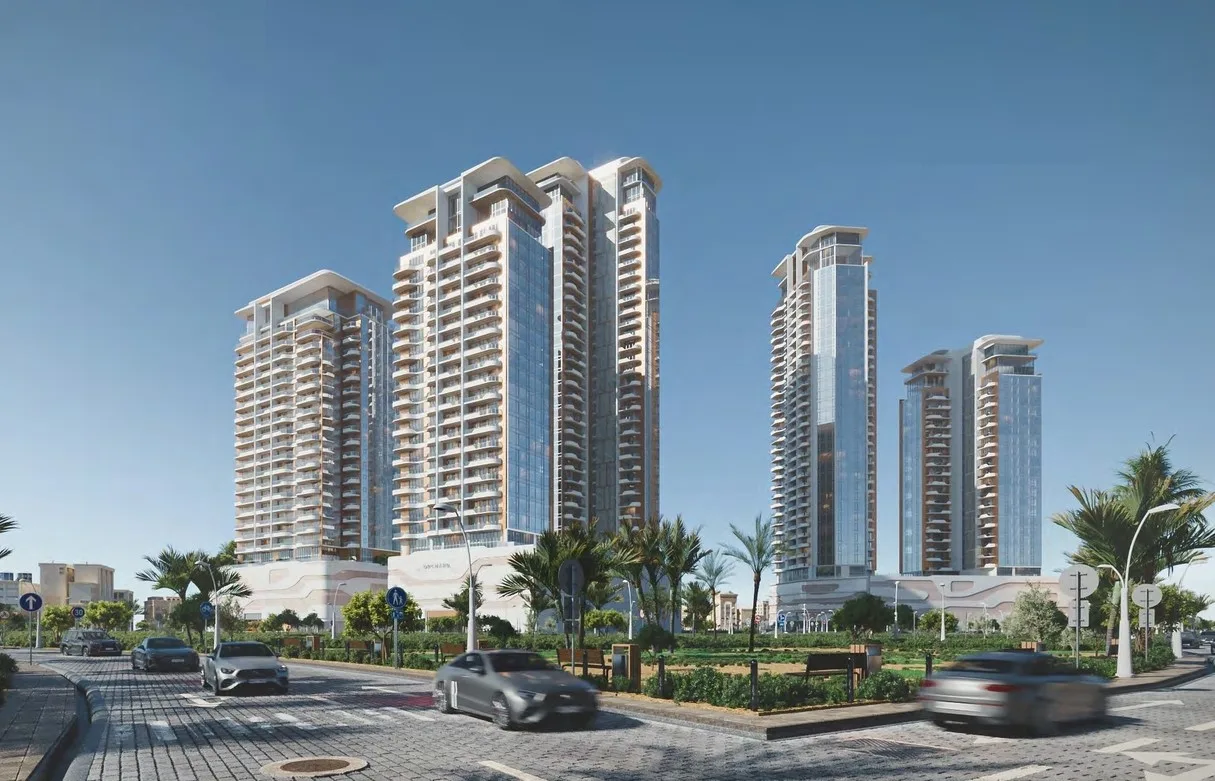 Orchard Place towers from street, daytime render