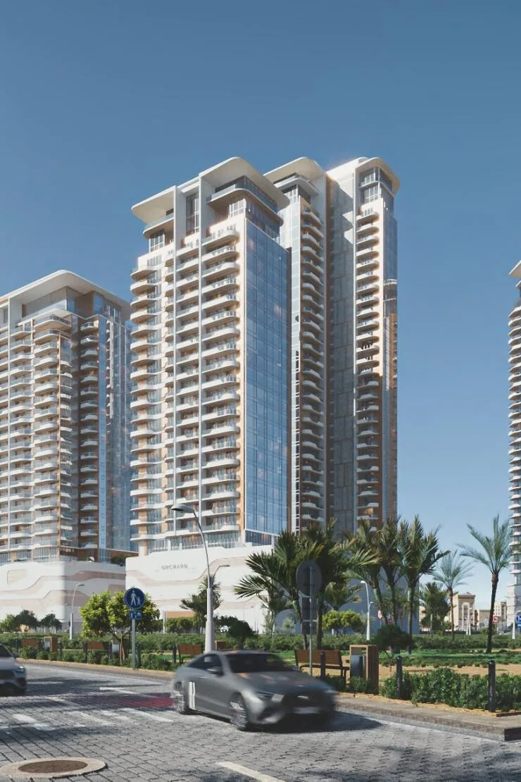 Street-level render of towers with curved balconies and crowns