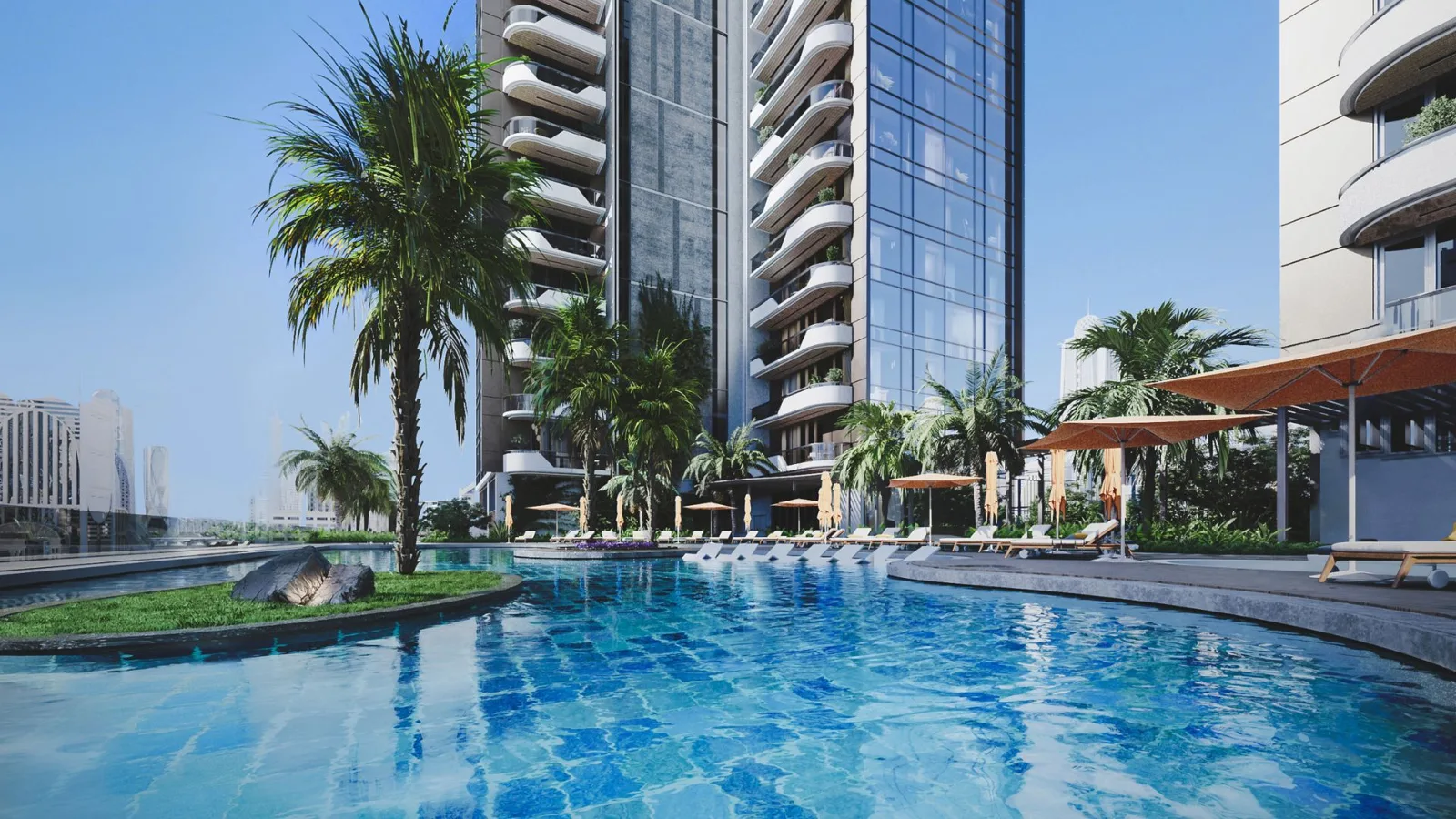 Pool deck with tower and curved balconies