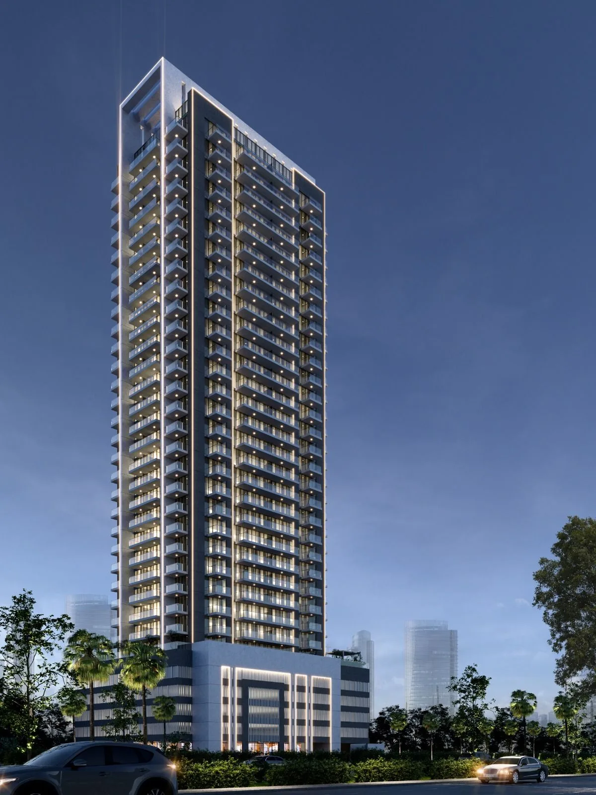 Full-height tower render at dusk, lit facade