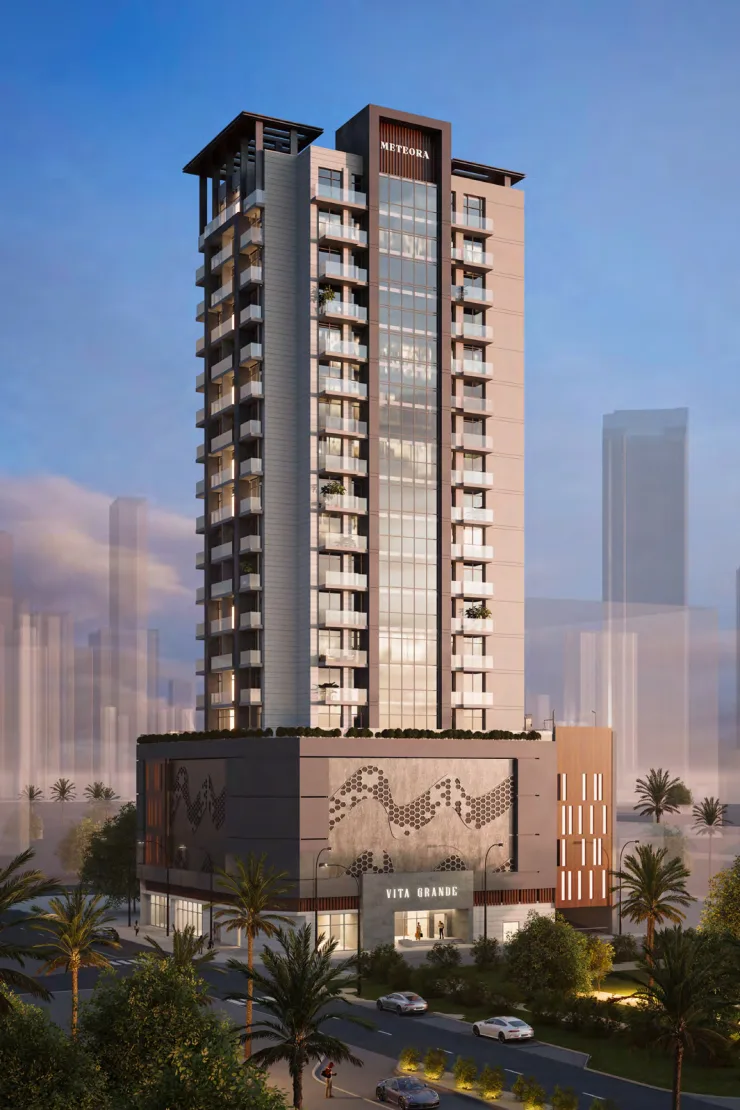 Full tower render with podium and Vita Grande entrance