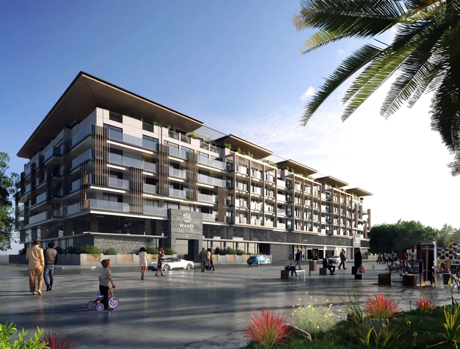 Developer render of Waref Residences facade with signage