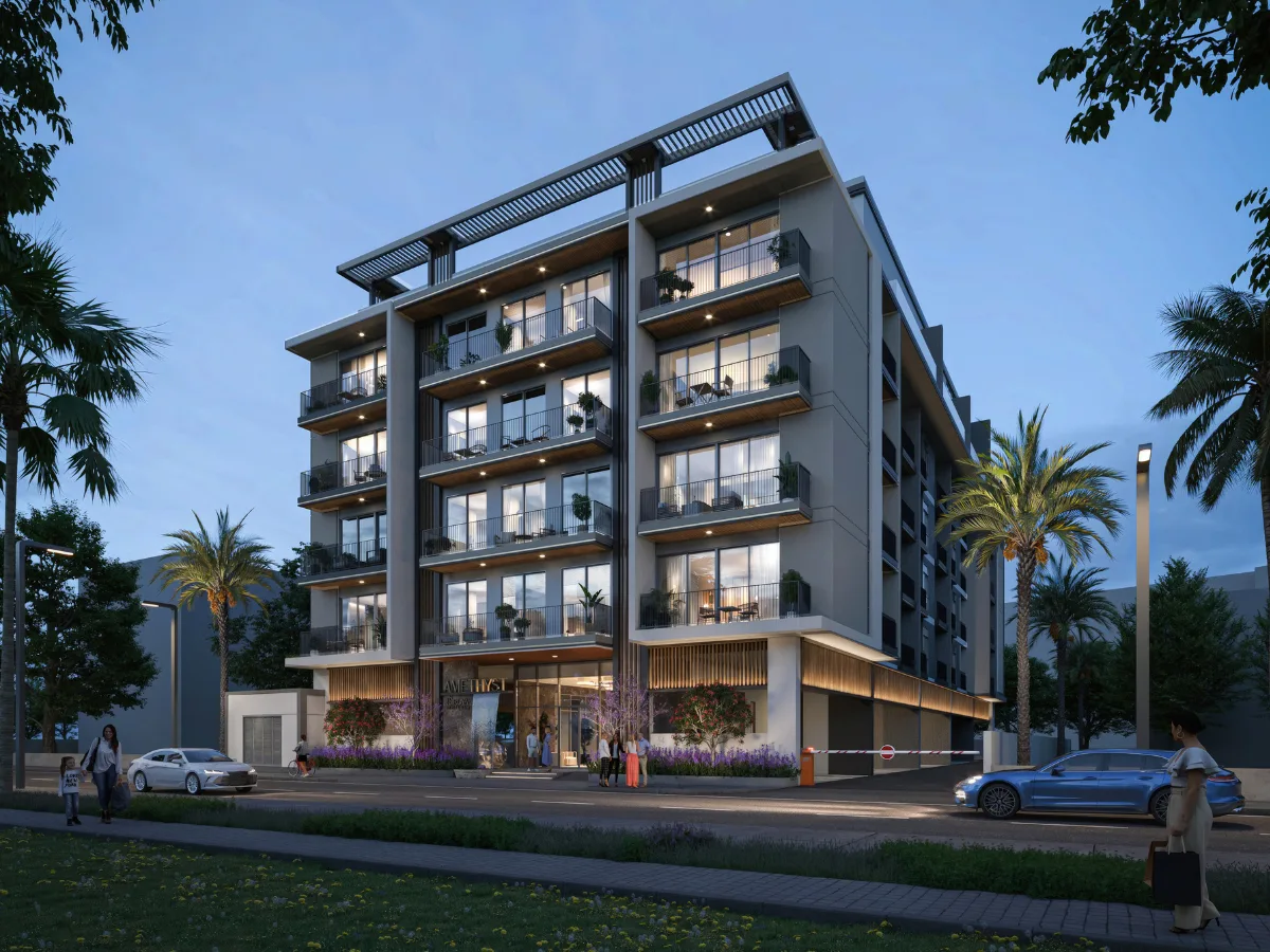 Corner exterior render, dusk (1200x900)