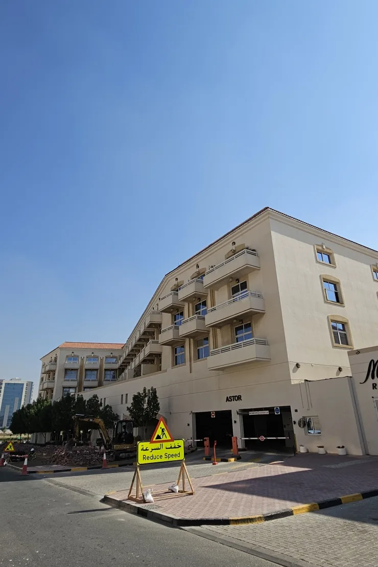 outside, long side from the street