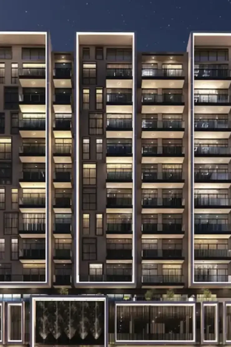 outside, front facade at night