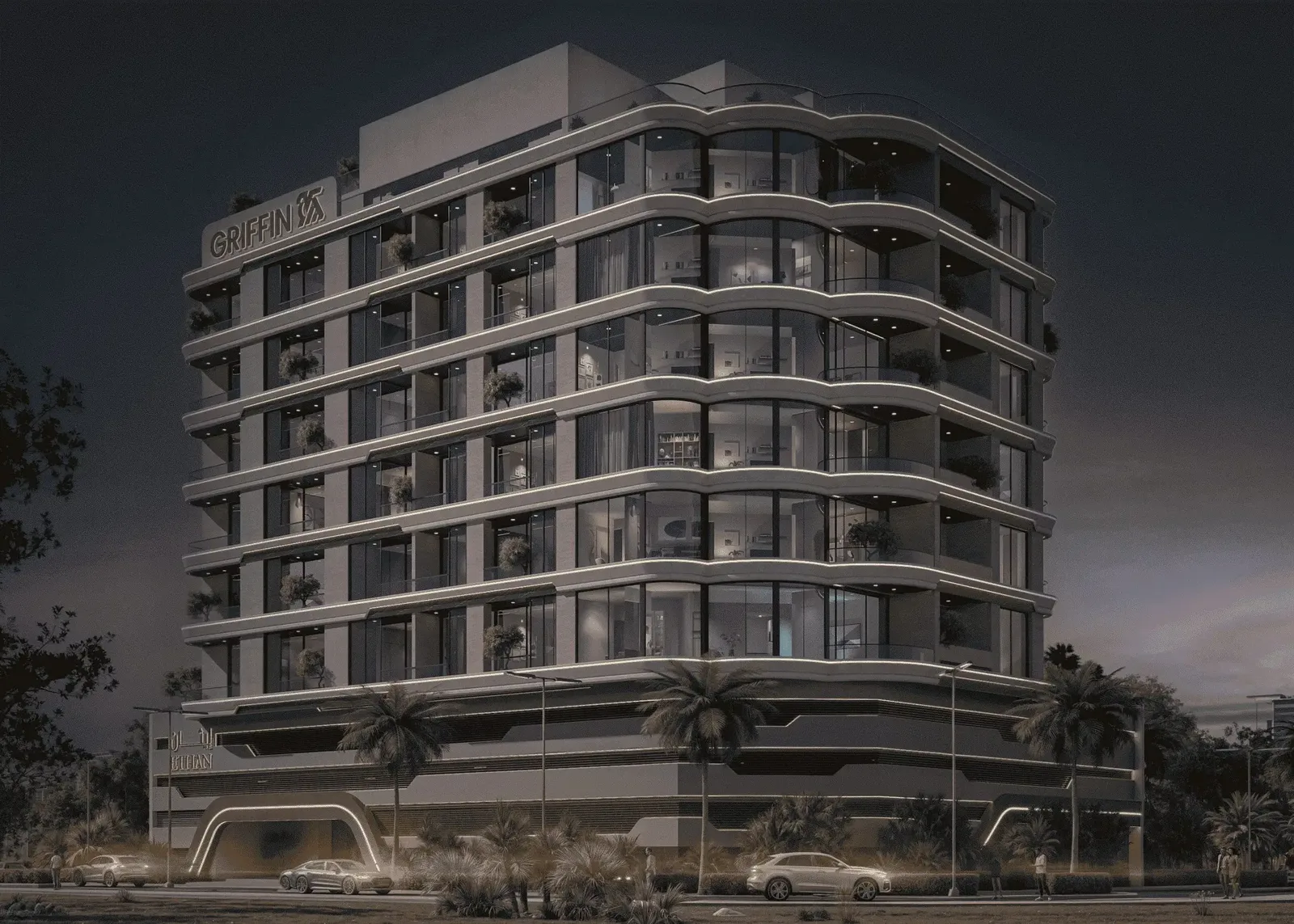 Exterior render of the whole building, dusk