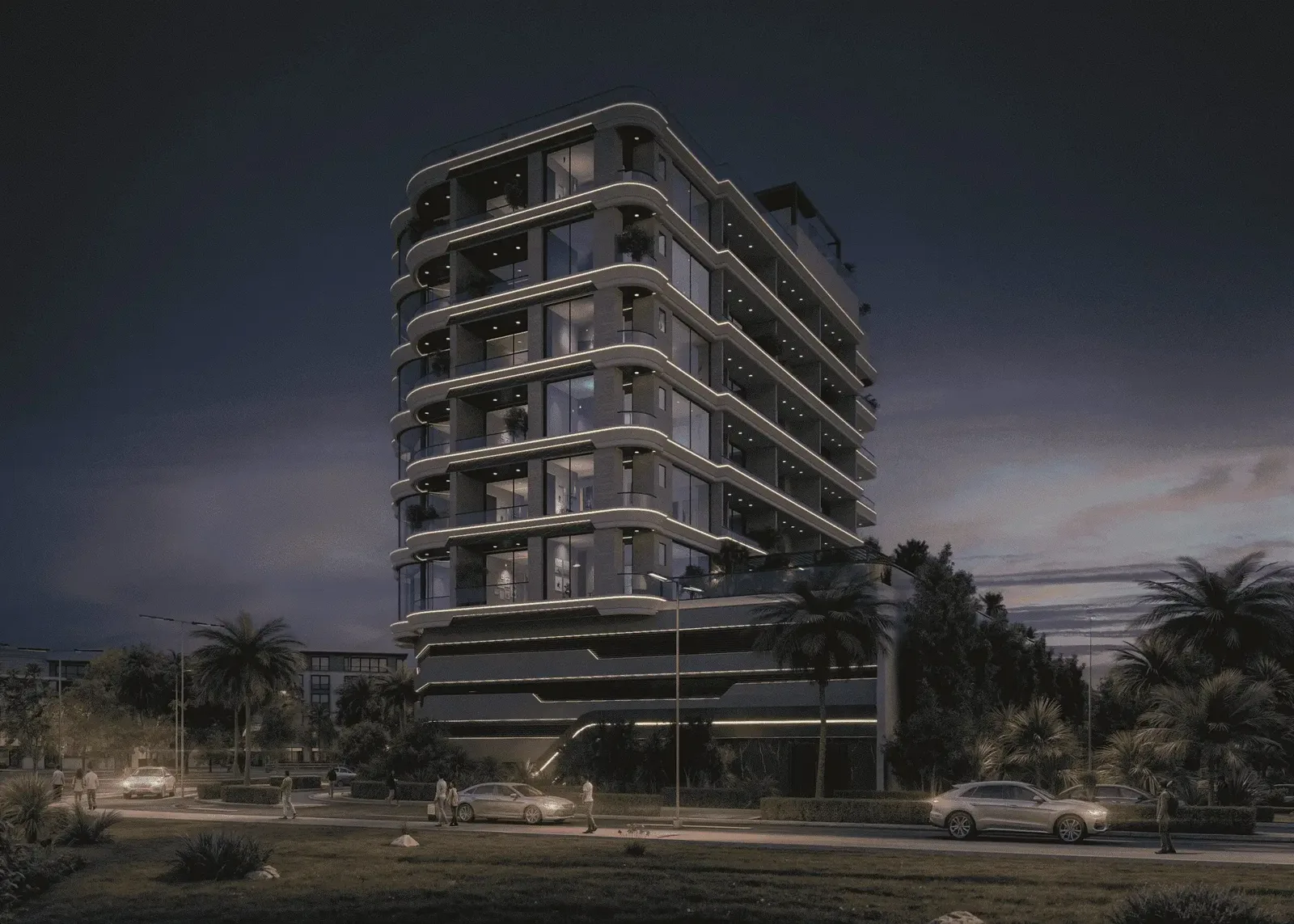 Corner exterior render, night