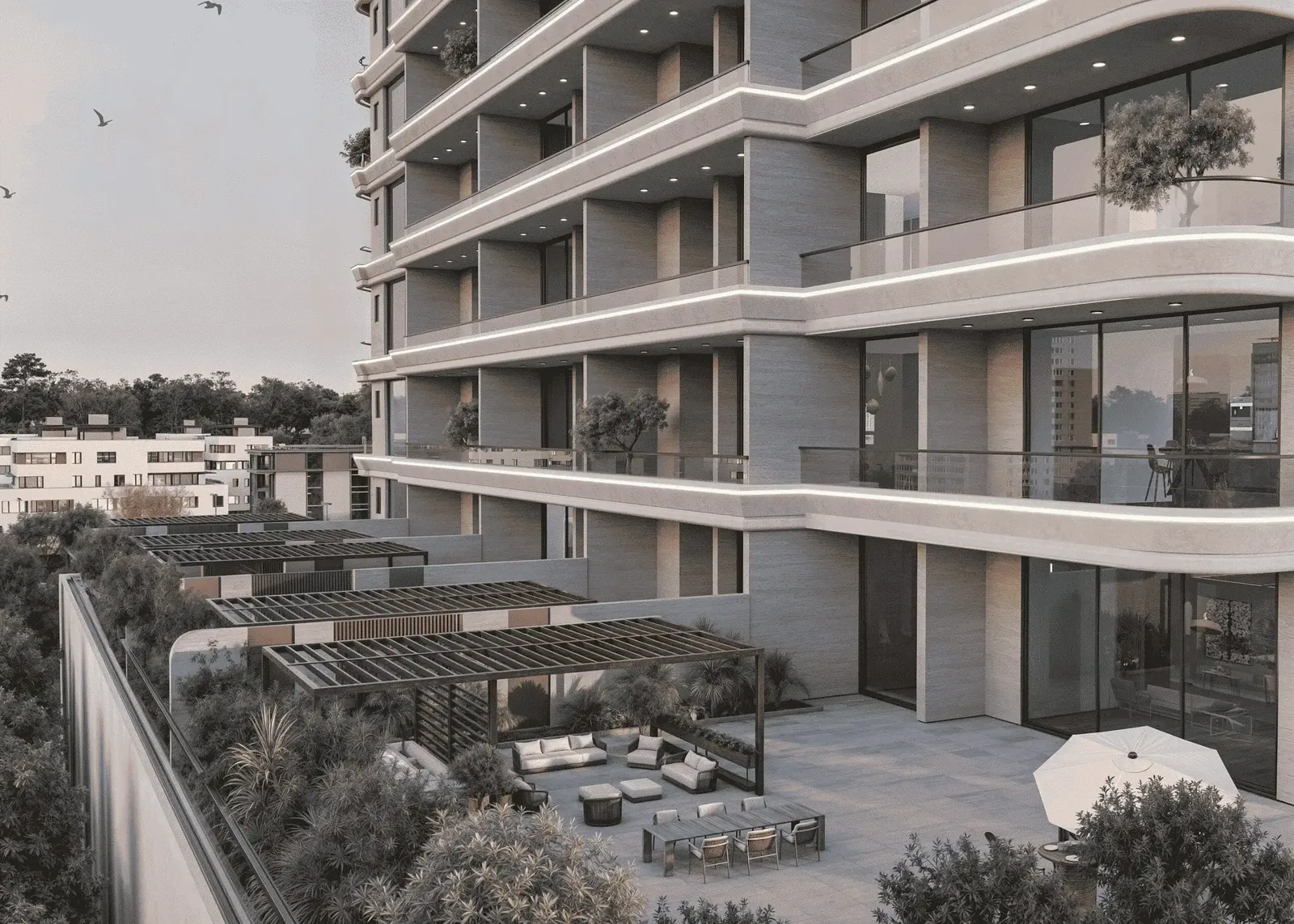 Exterior render, facade and podium terrace