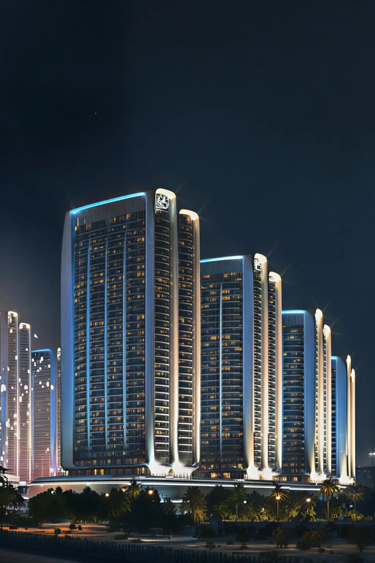 outside, full height, night; Binghatti artist's impression of the two towers (740x1110 portrait)