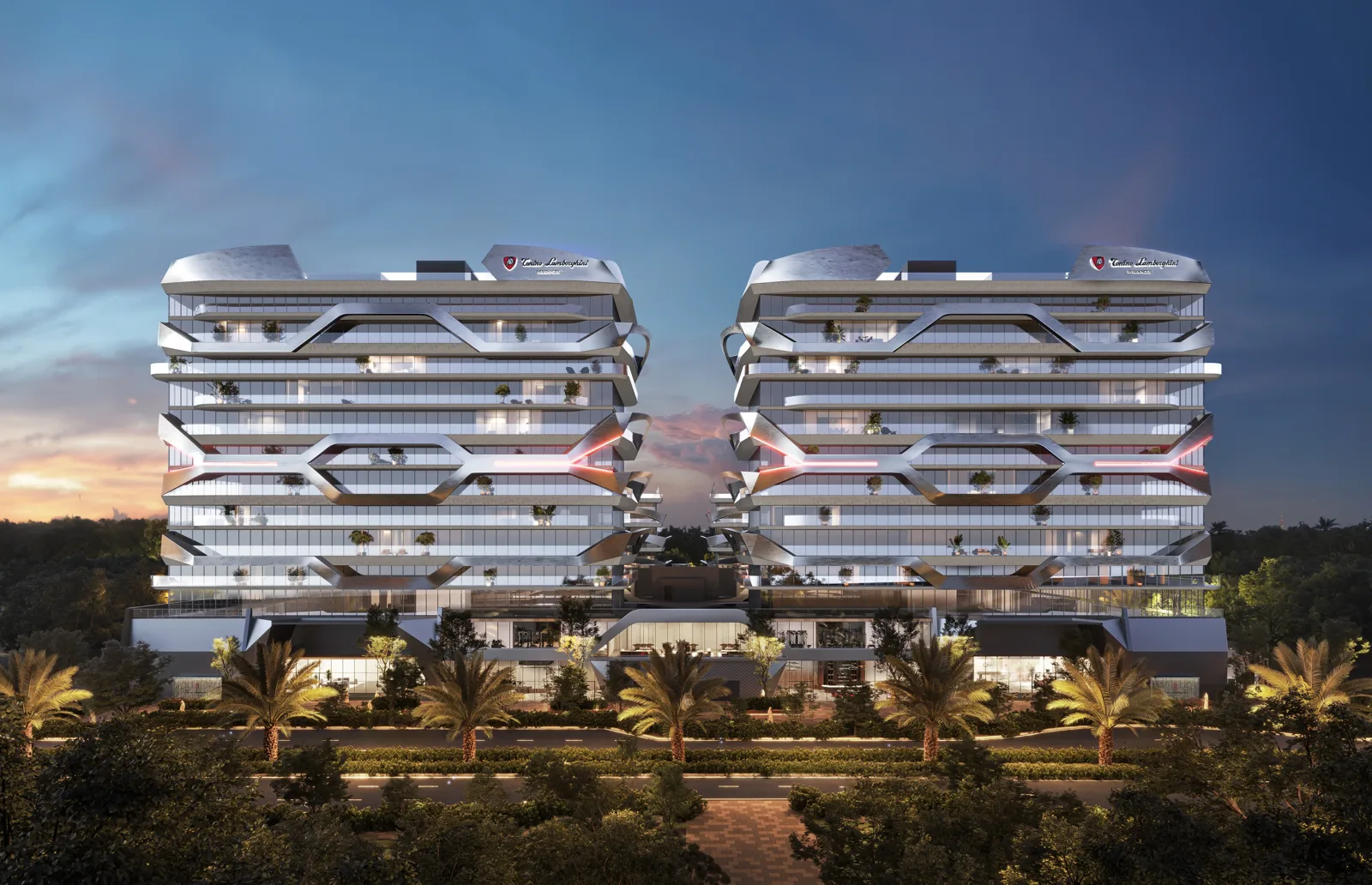 outside, full height, front view of two blocks at dusk (project render, not block-specific)