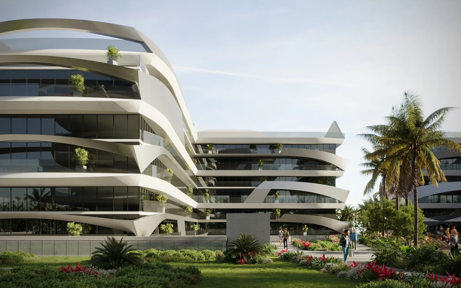 outside, angled daytime view of the facade from the gardens (project render)