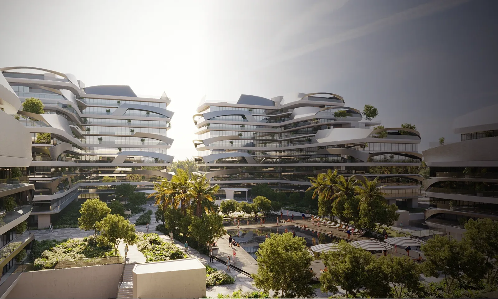 outside, elevated view over the whole project and its courtyard (project render)